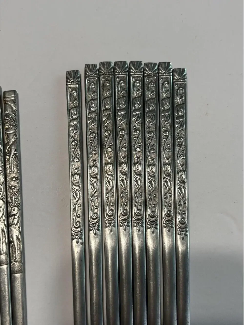 Vintage 7 Pairs Stainless Steel Metal Reusable Chopsticks w/Bird Etchings.